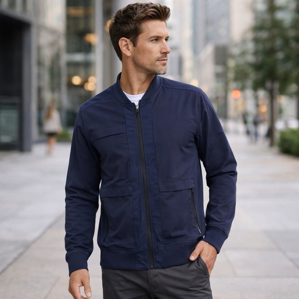 Public Rec Bomber Jacket Mens Large Navy Blue Nylon Spandex Minimalist Gorpcore‎